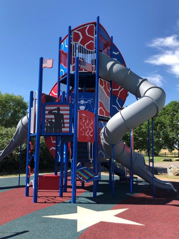 Vertical view of Brighton Veterans Park playground and spiral slide