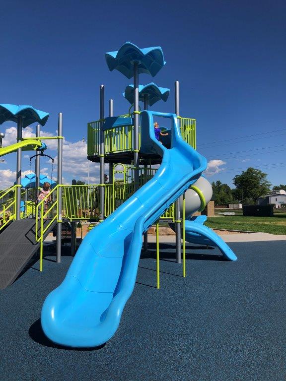 Tall blue slide at Carr Playground