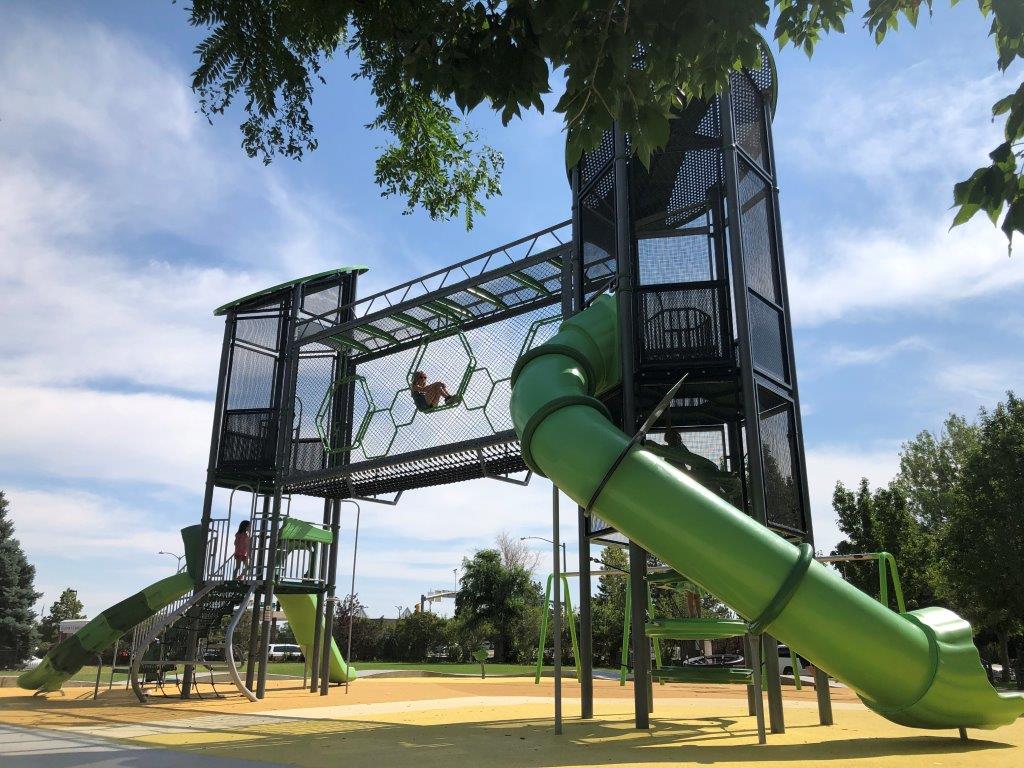 Backside view of playground structure at Hampden Run Park in Arurora