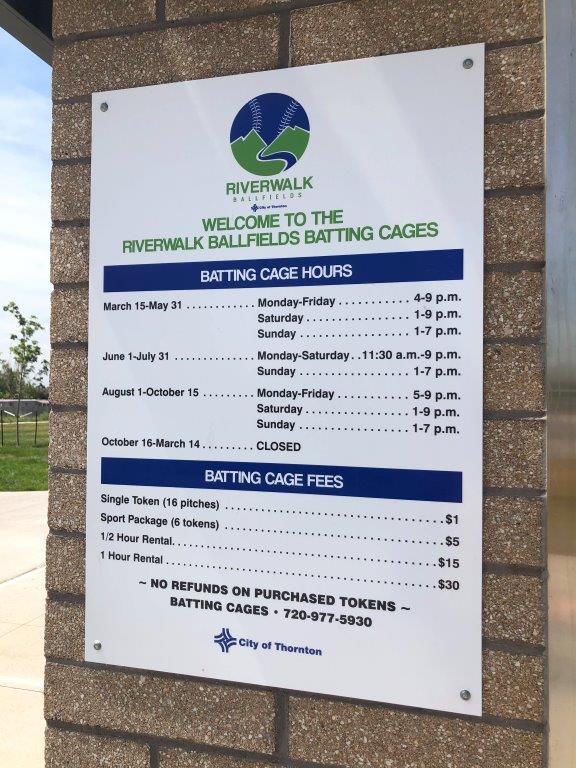 Riverwalk Batting Cages hours and price sheet