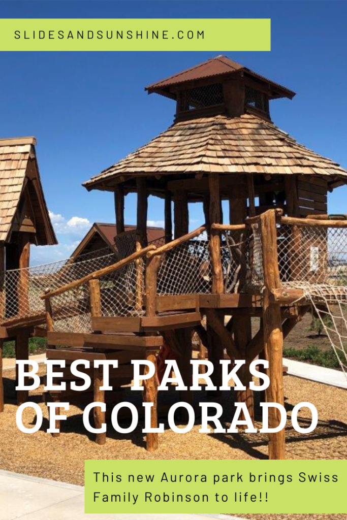 Pinterest image showing the treehouse playground at Painted Prairie Aurora