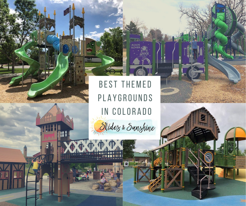 Four part picture showing best themed playgrounds in Colorado