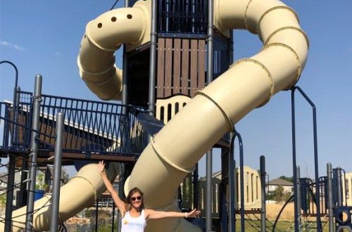 Vertical picture of tall slide at Fort Collins Crescent Park