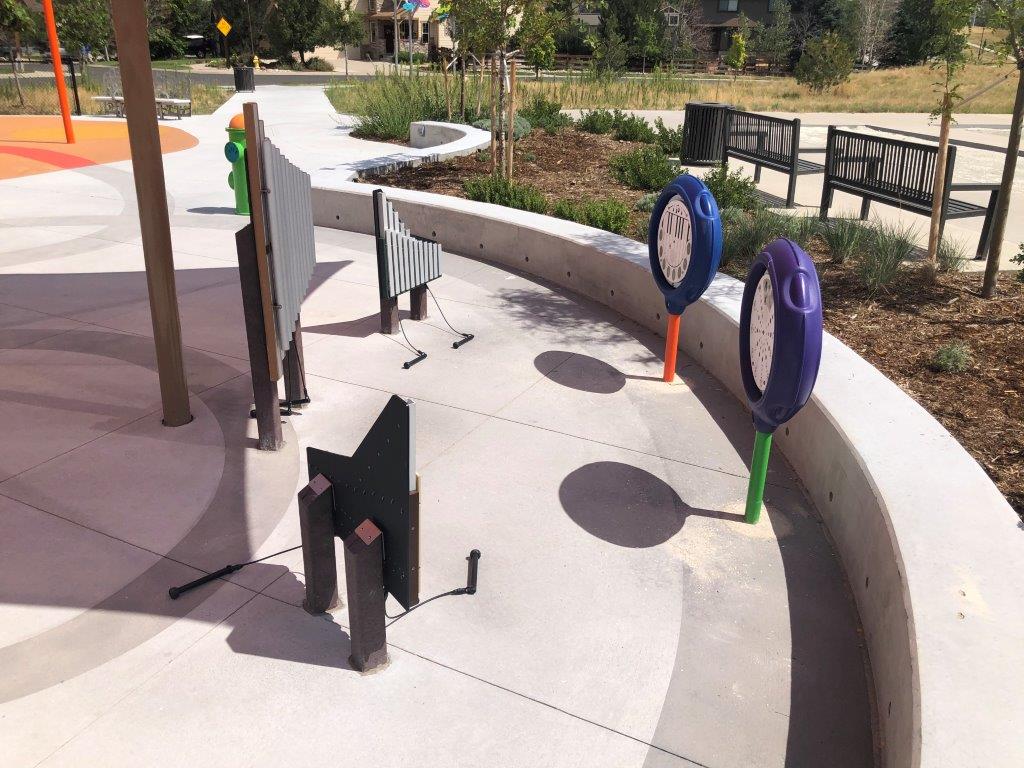 Musical instruments at inclusive playground at Aurora Red-tailed Hawk Park