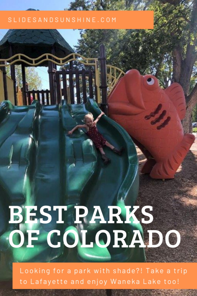 Pinterest image of best playgrounds in Colorado Waneka Lake park with sahde in Lafayette