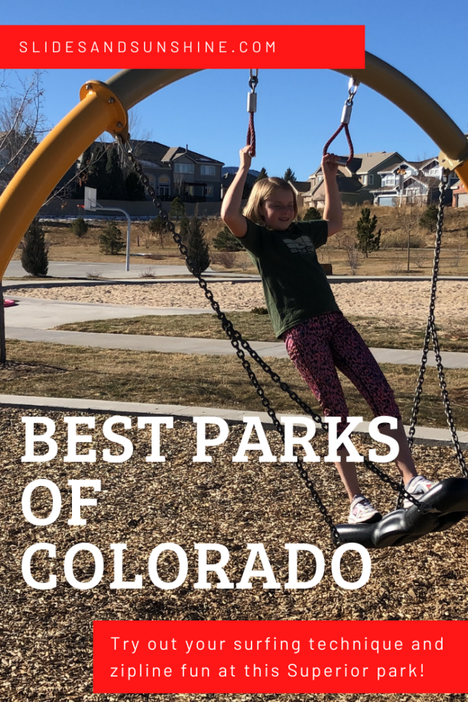 image made for Pinterest showing the best parks in Colorado, featuring Wildflower Park playground in Superior