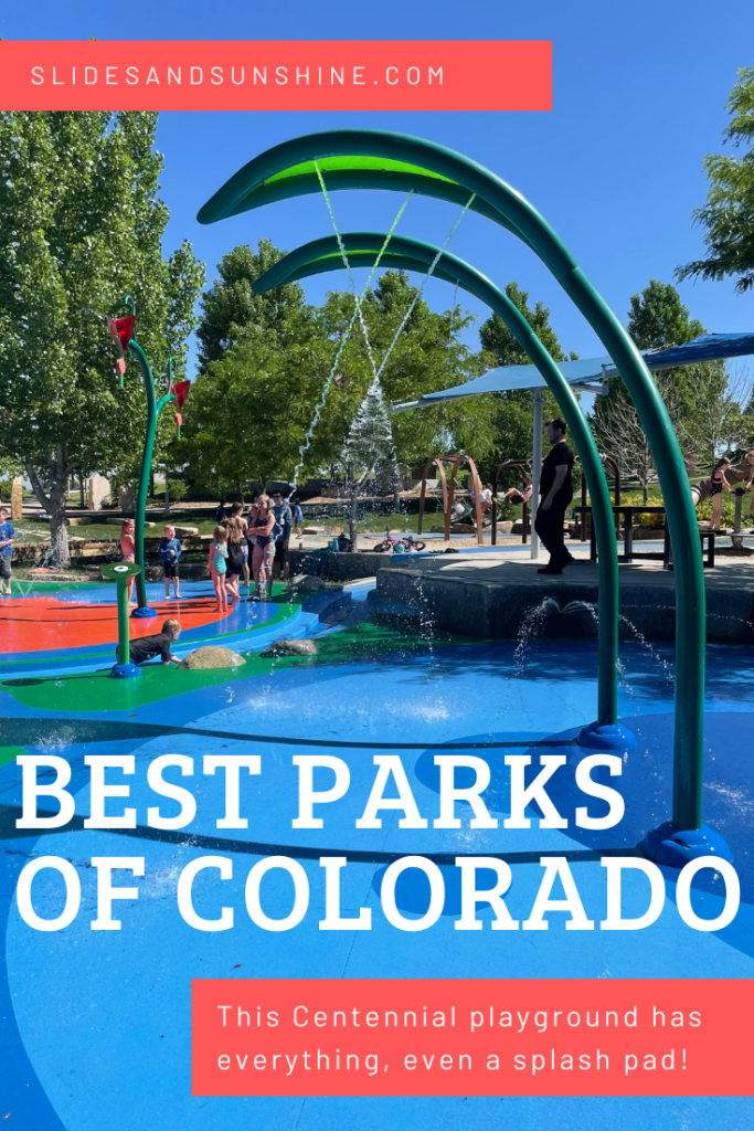 Image created for Pinterest showing the best playgrounds in Colorado, this time at Centennial Center Park.