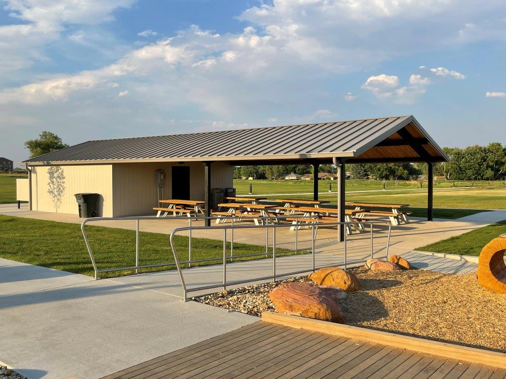 Covered pavilion at best playground in Berthoud at Waggener Farm Park