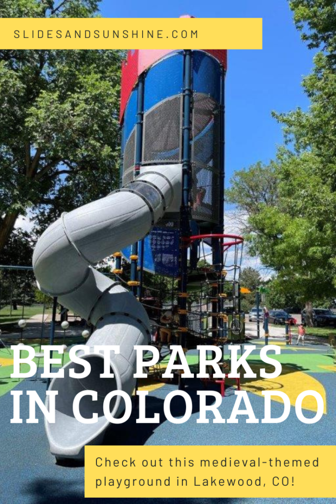 image made for pinterest showing the best playgrounds in Colorado, this one featuring Morse Park in Lakewood.