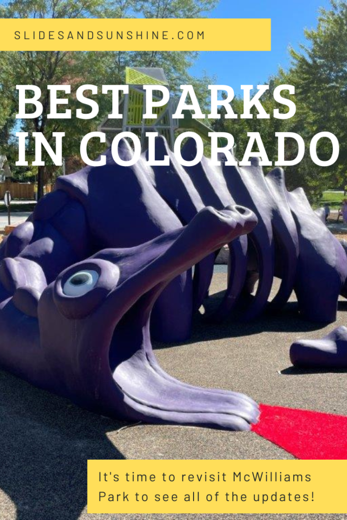 Image made for pinterest showing the best playgrounds in Colorado highlighting McWilliams Park in Denver