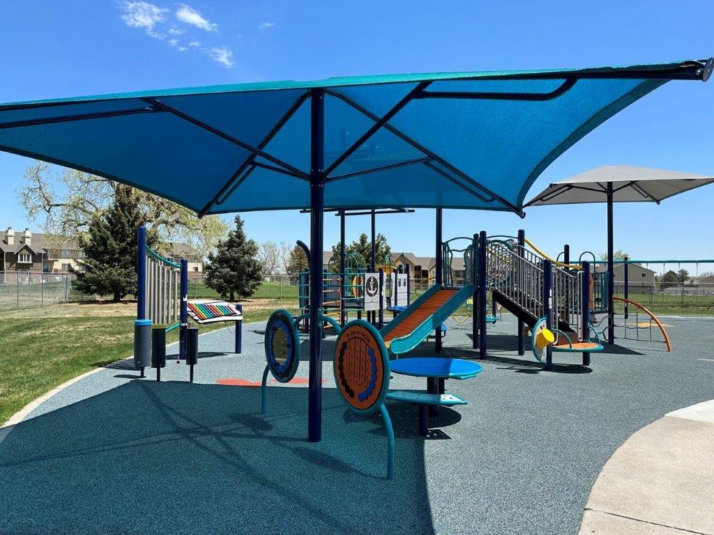 Full view of shade panel at Lake Arbor Center park in Arvada