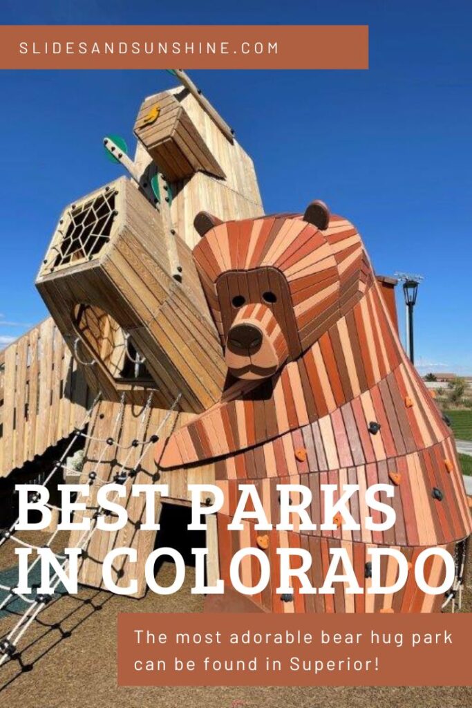 image made for pinterest showing the bear hug park in downtown superior colorado