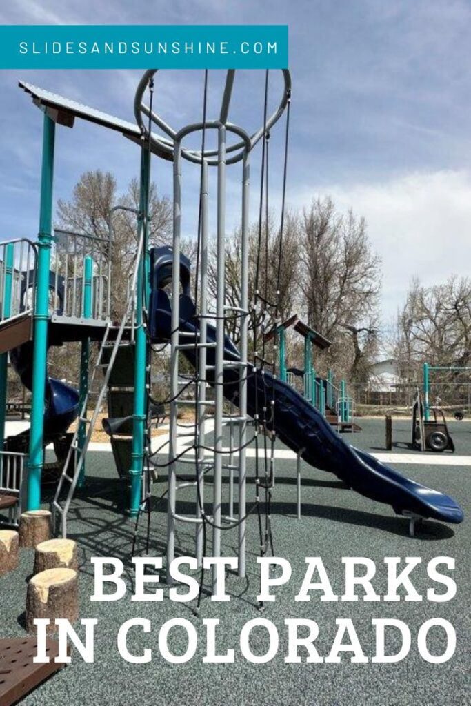 Image made for pinterest showing the best playgrounds in Colorado, this one features Bobcat Park in Sheridan